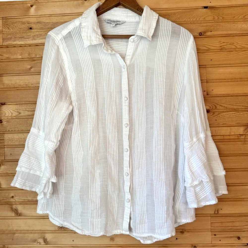 Liverpool Shirt White Collared Ruffle Flutter Sleeve Button Down Cotton Large